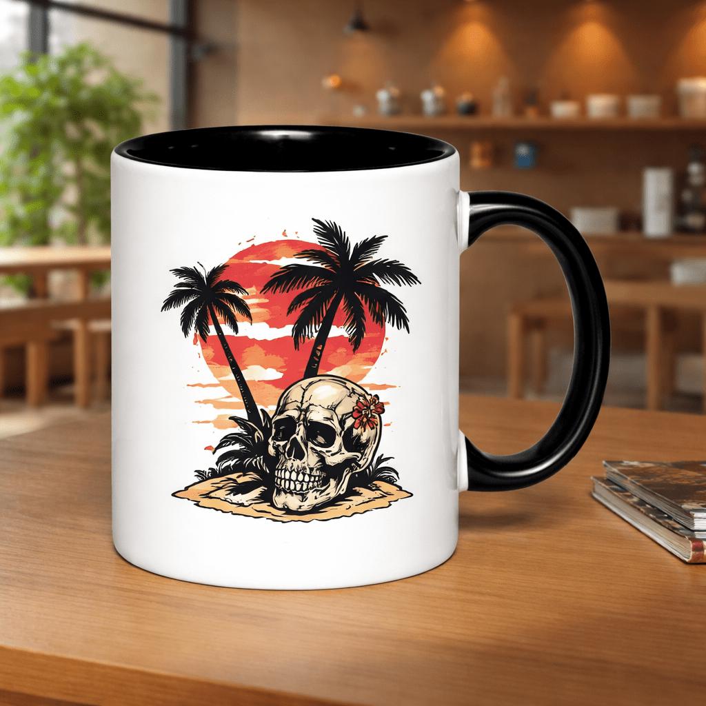 Tailorly Black Accent 11 oz Mug - skull and palm trees