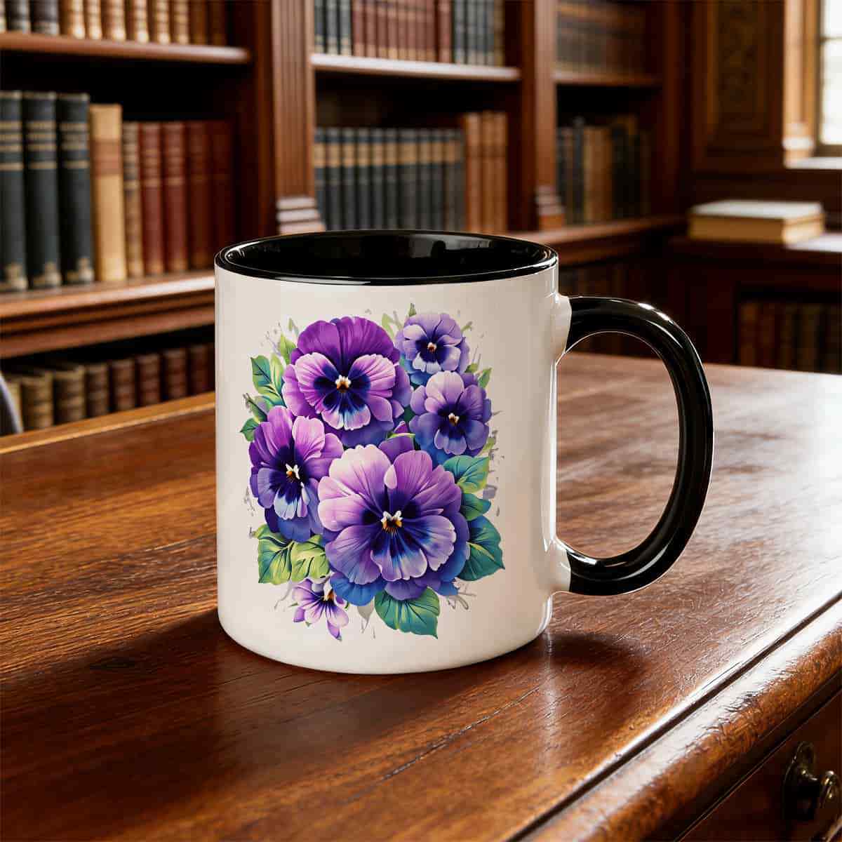 Tailorly Black Accent 11 oz Mug - purple pansy watercolor