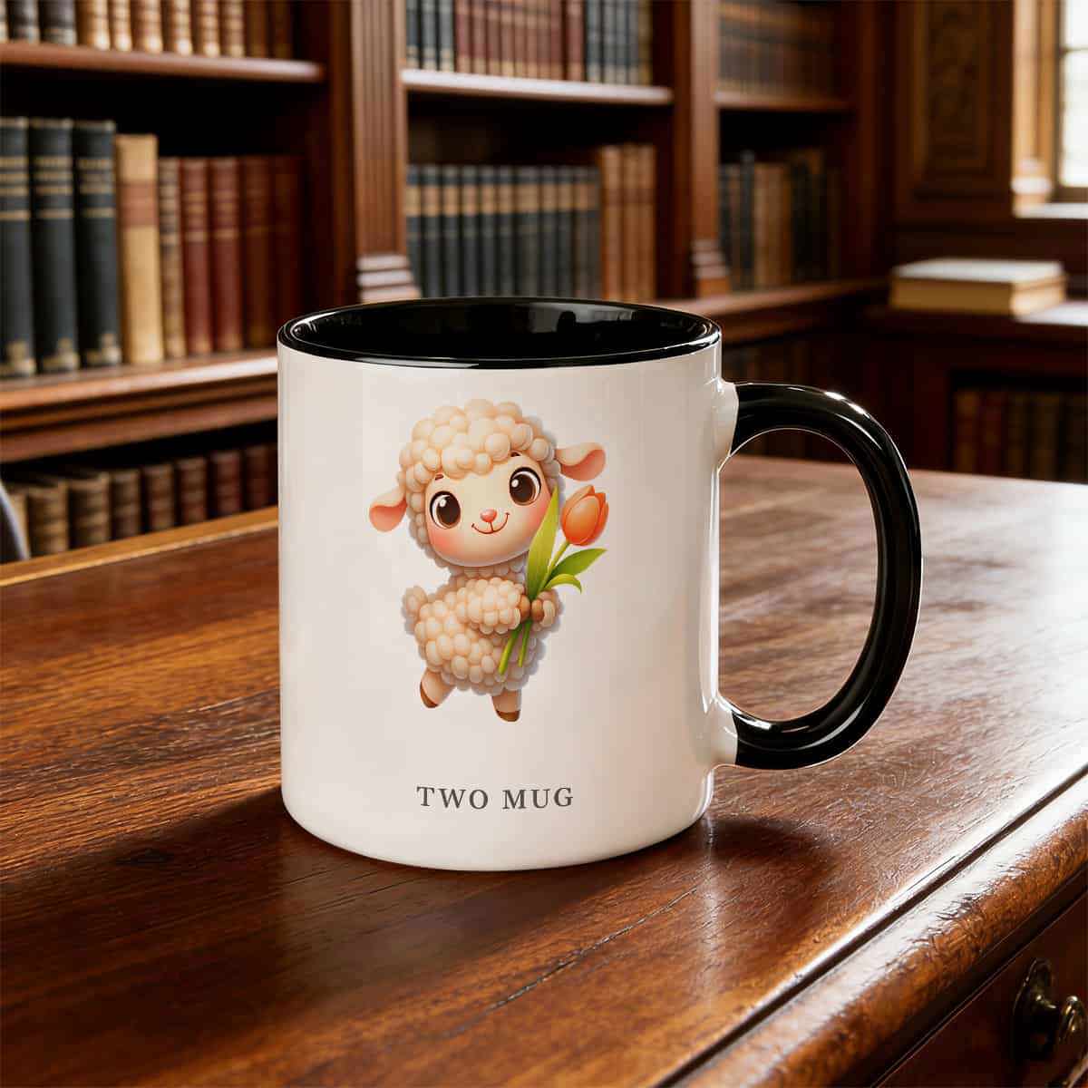 Tailorly Black Accent 11 oz Mug - shaggy sheep holding flowers drinking cup multicolor funny design
