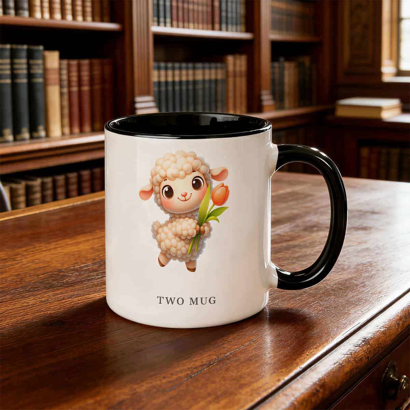 Tailorly Black Accent 11 oz Mug - shaggy sheep holding flowers drinking cup multicolor funny design
