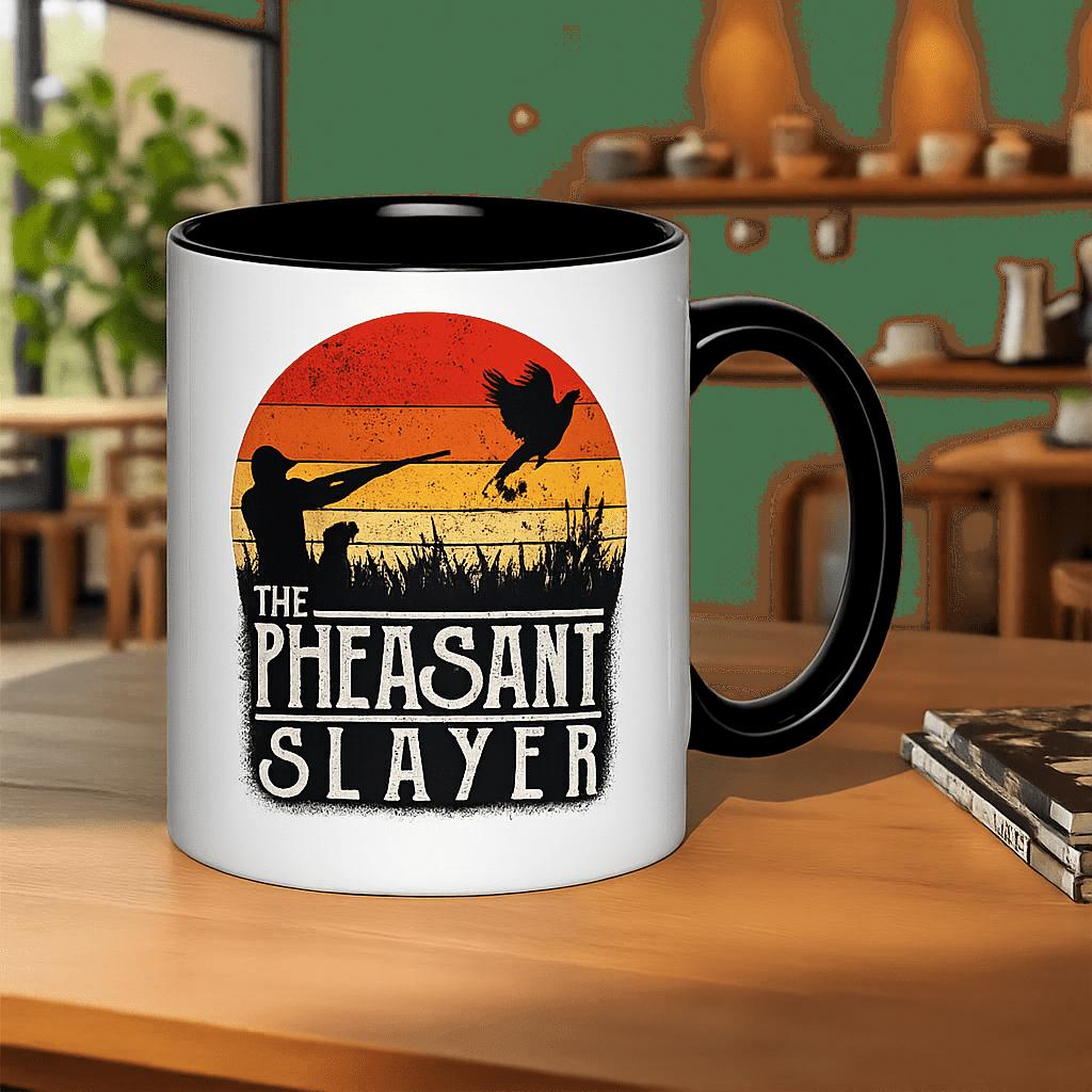 Tailorly Black Accent 11 oz Mug - vintage sunset graphic design featuring a pheasant