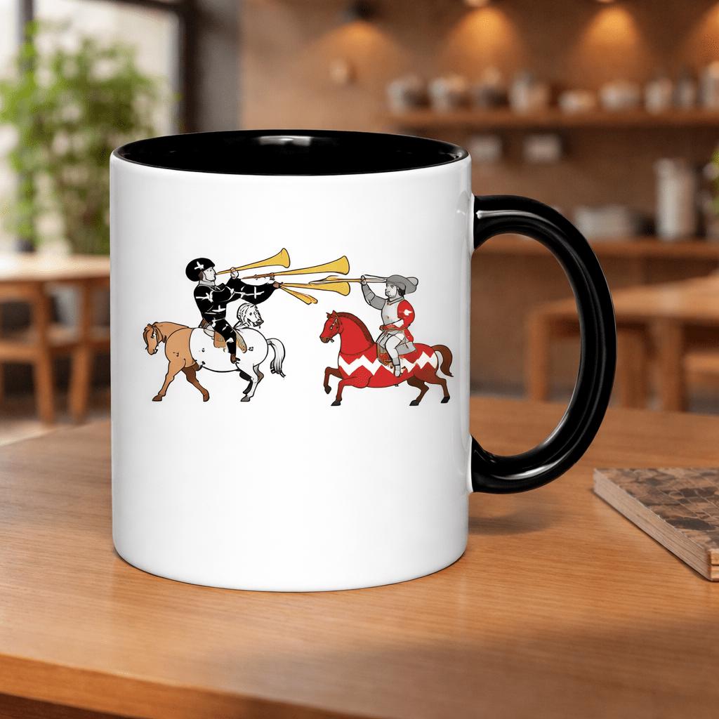 Tailorly Black Accent 11 oz Mug - knights on blowing in a medieval