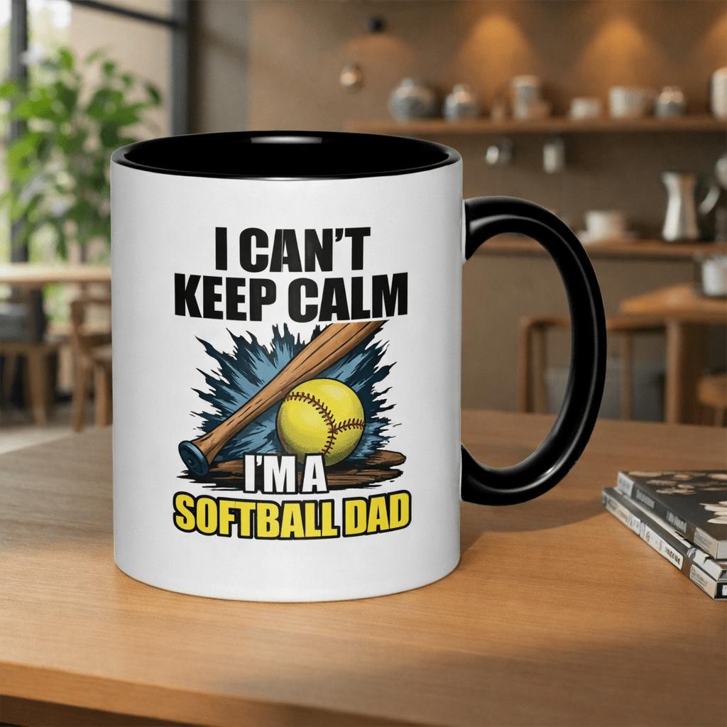 Tailorly Black Accent 11 oz Mug - "i cant im a softball dad" text