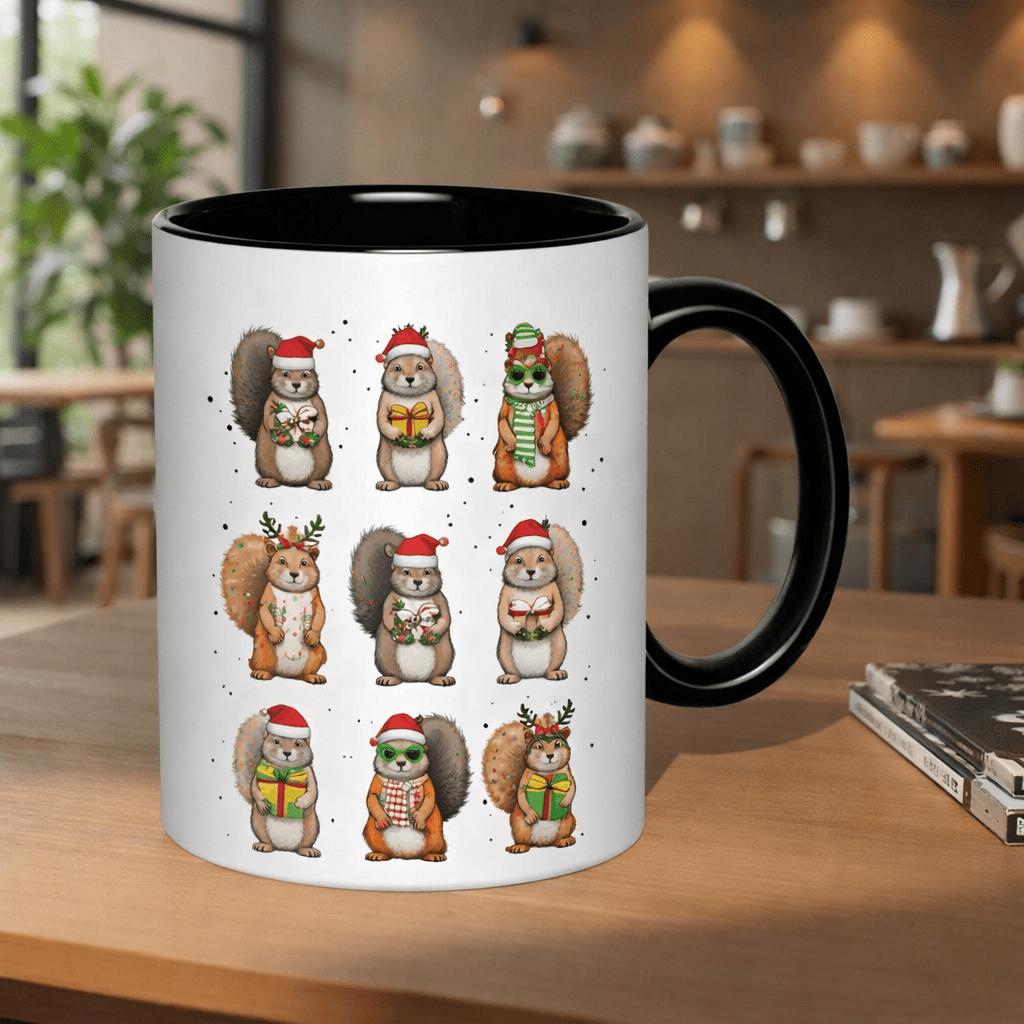 Tailorly Black Accent 11 oz Mug - christmas squirrels holding presents and candy canes