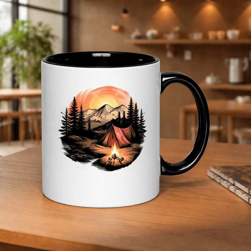 Tailorly Black Accent 11 oz Mug - camping adventure sunset mountains forest campfire nature 11oz printed ceramic mug mugs 11oz printed ceramic mug
