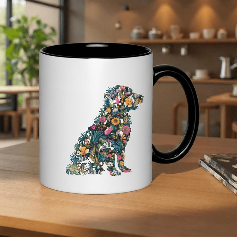Tailorly Black Accent 11 oz Mug - floral silhouette of a dog surrounded by vibrant leaves