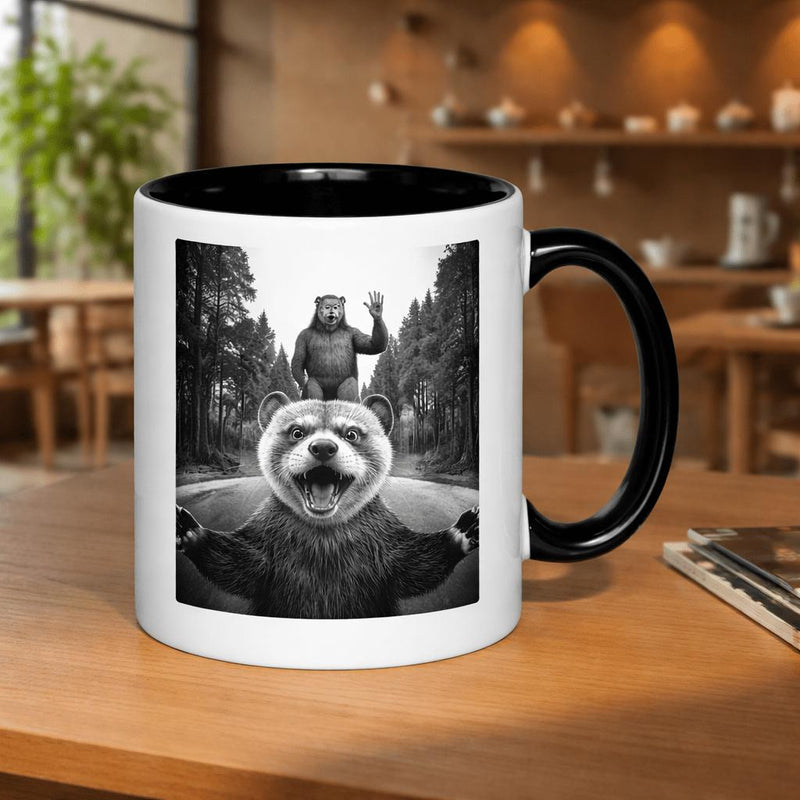 Tailorly Black Accent 11 oz Mug - two on a forest waving hello