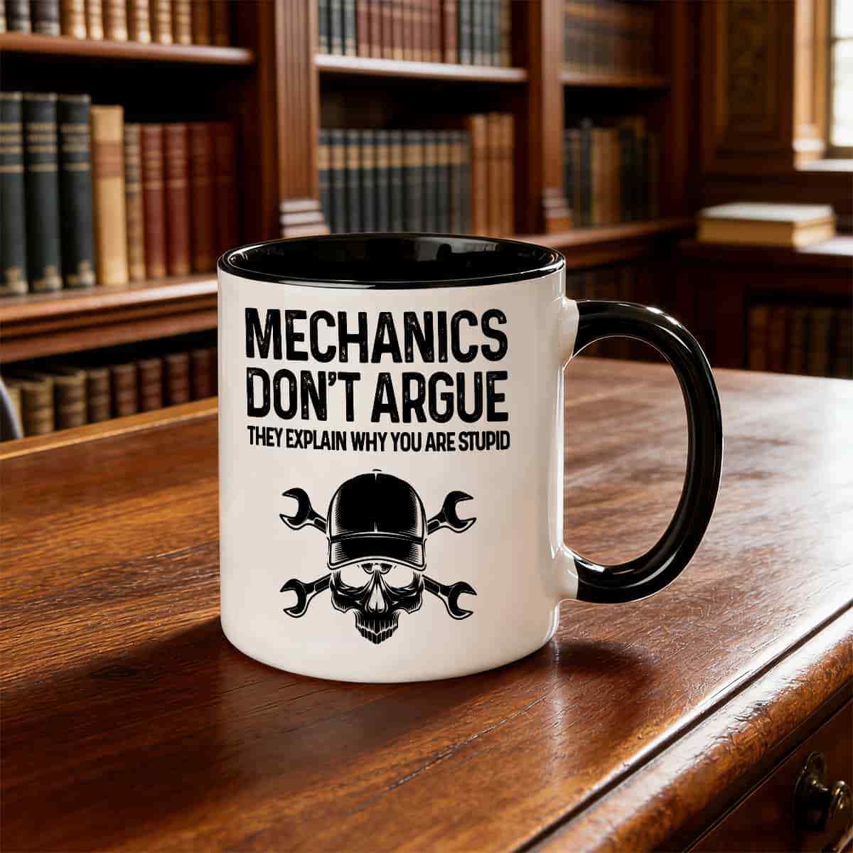 Tailorly Black Accent 11 oz Mug - mechanics dont argue skull wrench design
