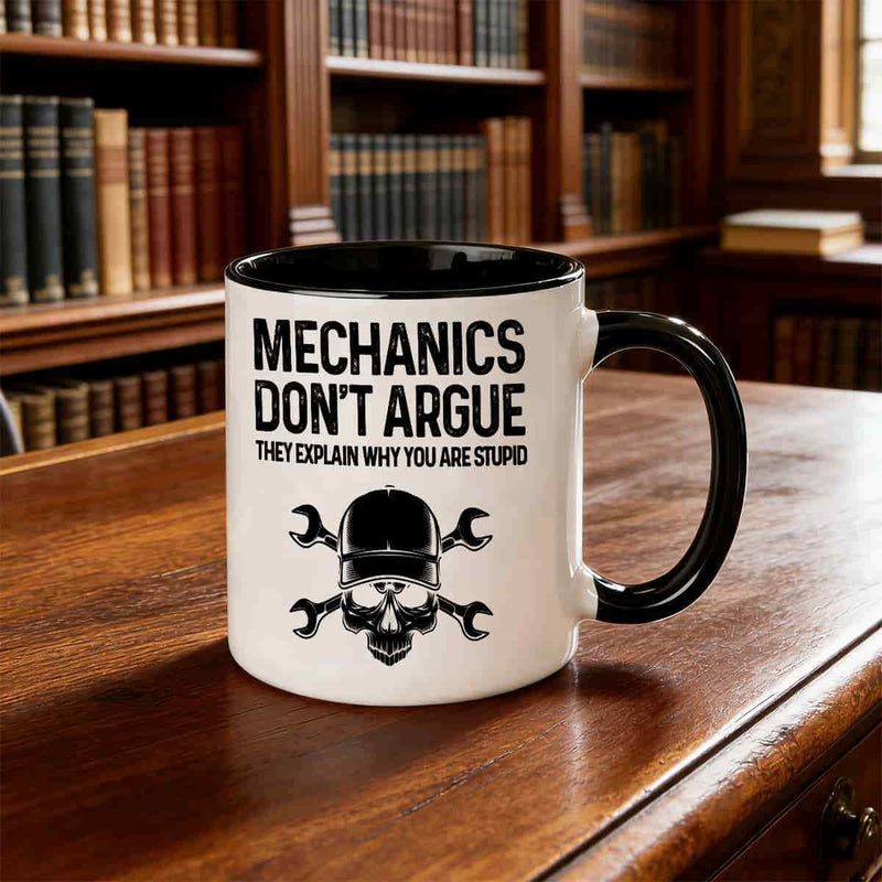 Tailorly Black Accent 11 oz Mug - mechanics dont argue skull wrench design