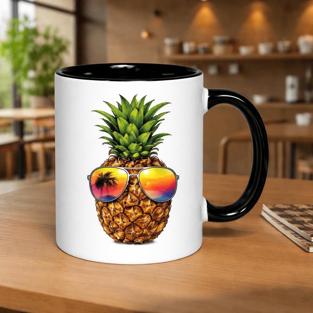 Tailorly Black Accent 11 oz Mug - pineapple wearing glasses with reflection
