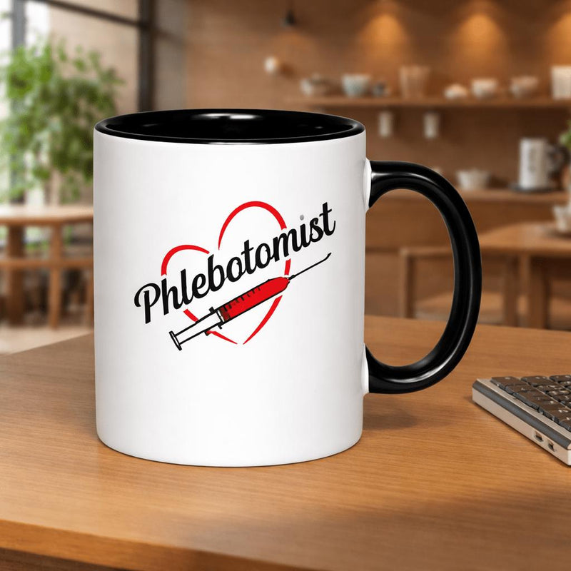 Tailorly Black Accent 11 oz Mug - heart with text related to blood draw professionals