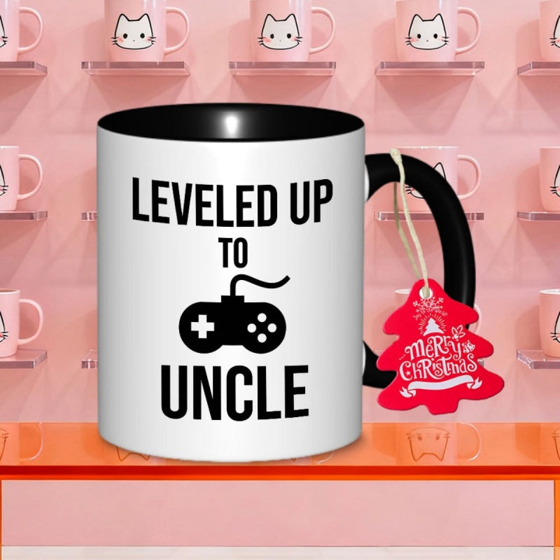 Tailorly Black Accent 11 oz Mug - a ceramic coffee mug featuring the leveled up to uncle game logo tea milk or water this for halloween gift is