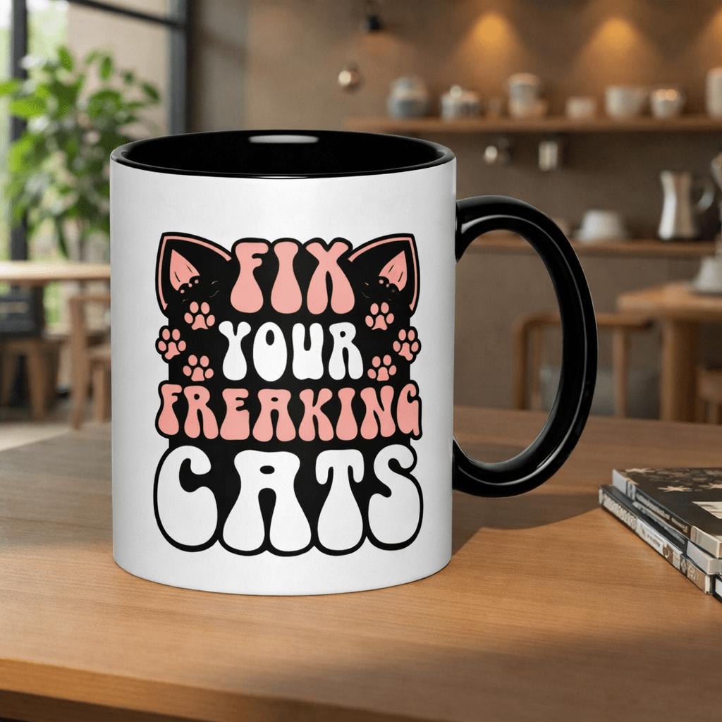 Tailorly Black Accent 11 oz Mug - cute cat illustration