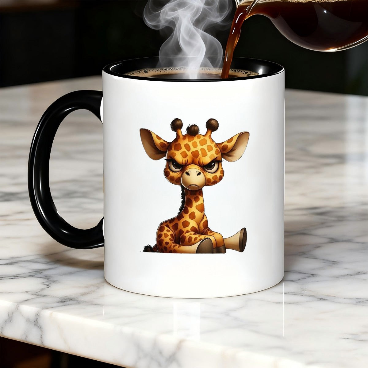 Tailorly Black Accent 11 oz Mug - cartoon giraffe with closed eyes and sad face