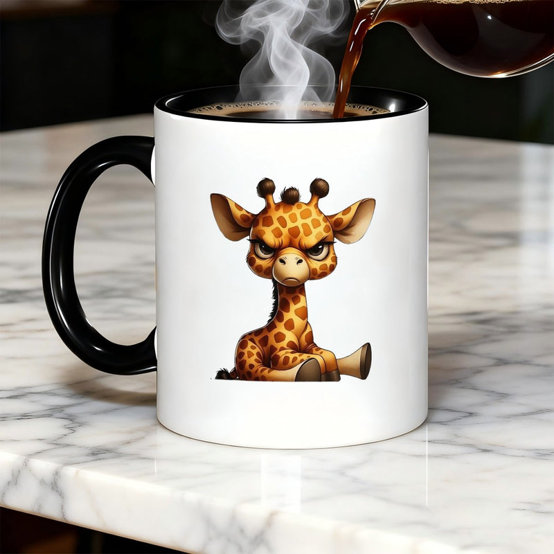 Tailorly Black Accent 11 oz Mug - cartoon giraffe with closed eyes and sad face