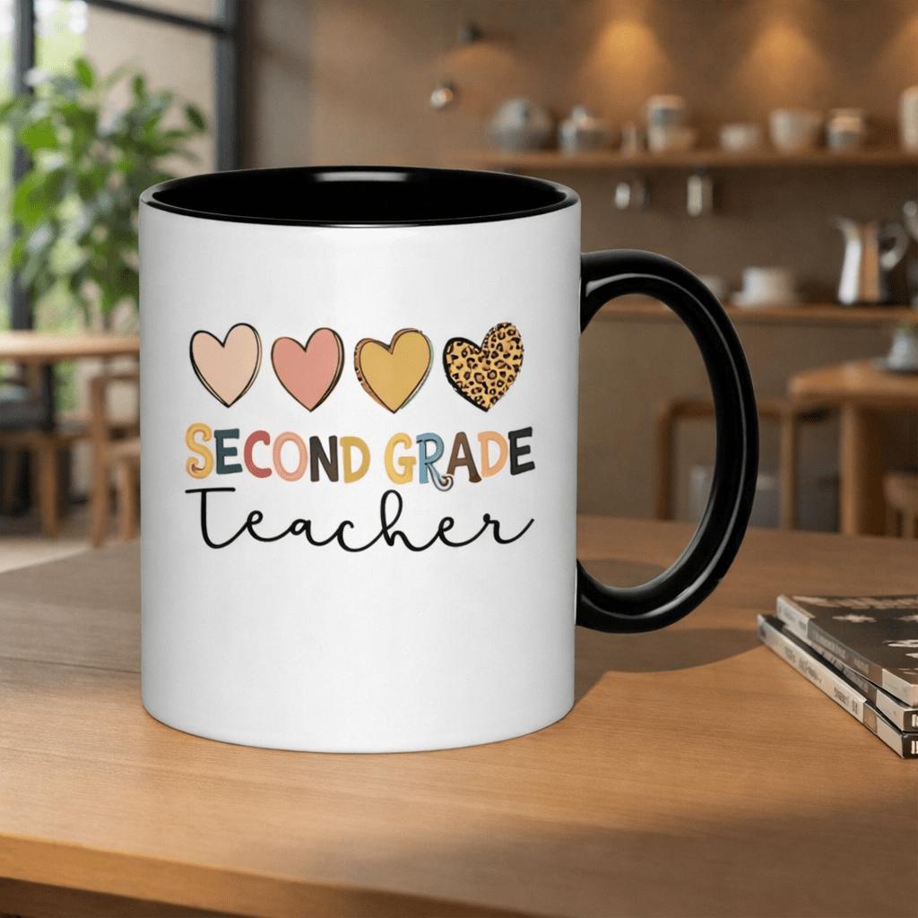 Tailorly Black Accent 11 oz Mug - second grade teacher hearts leopard print