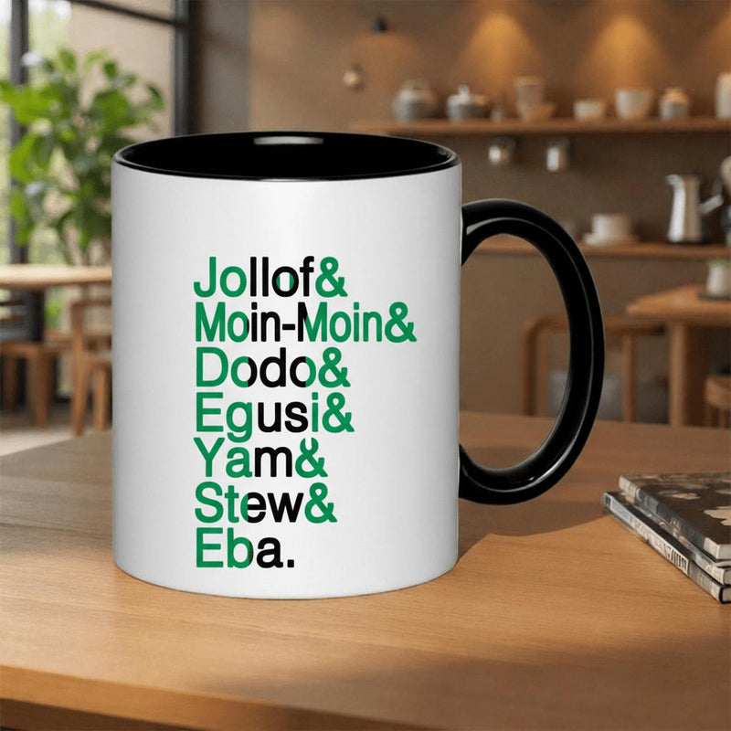 Tailorly Black Accent 11 oz Mug - jollof egusi yam stew eba nigerian foods text