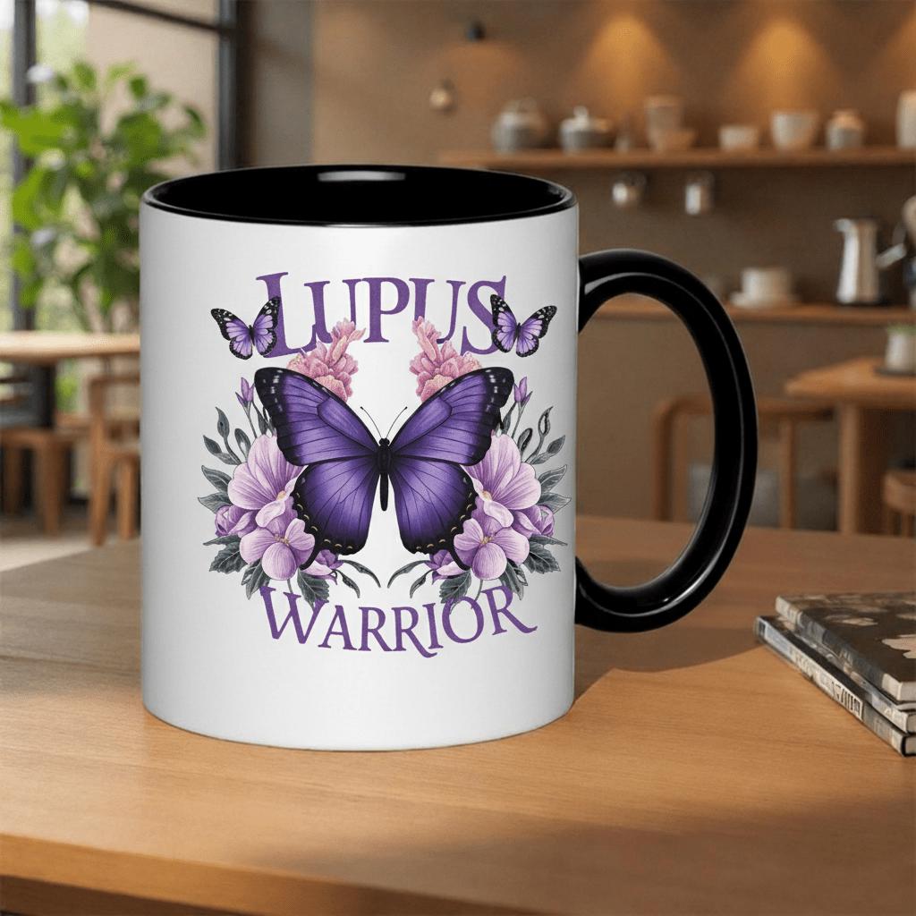 Tailorly Black Accent 11 oz Mug - lupus warrior purple flowers support awareness