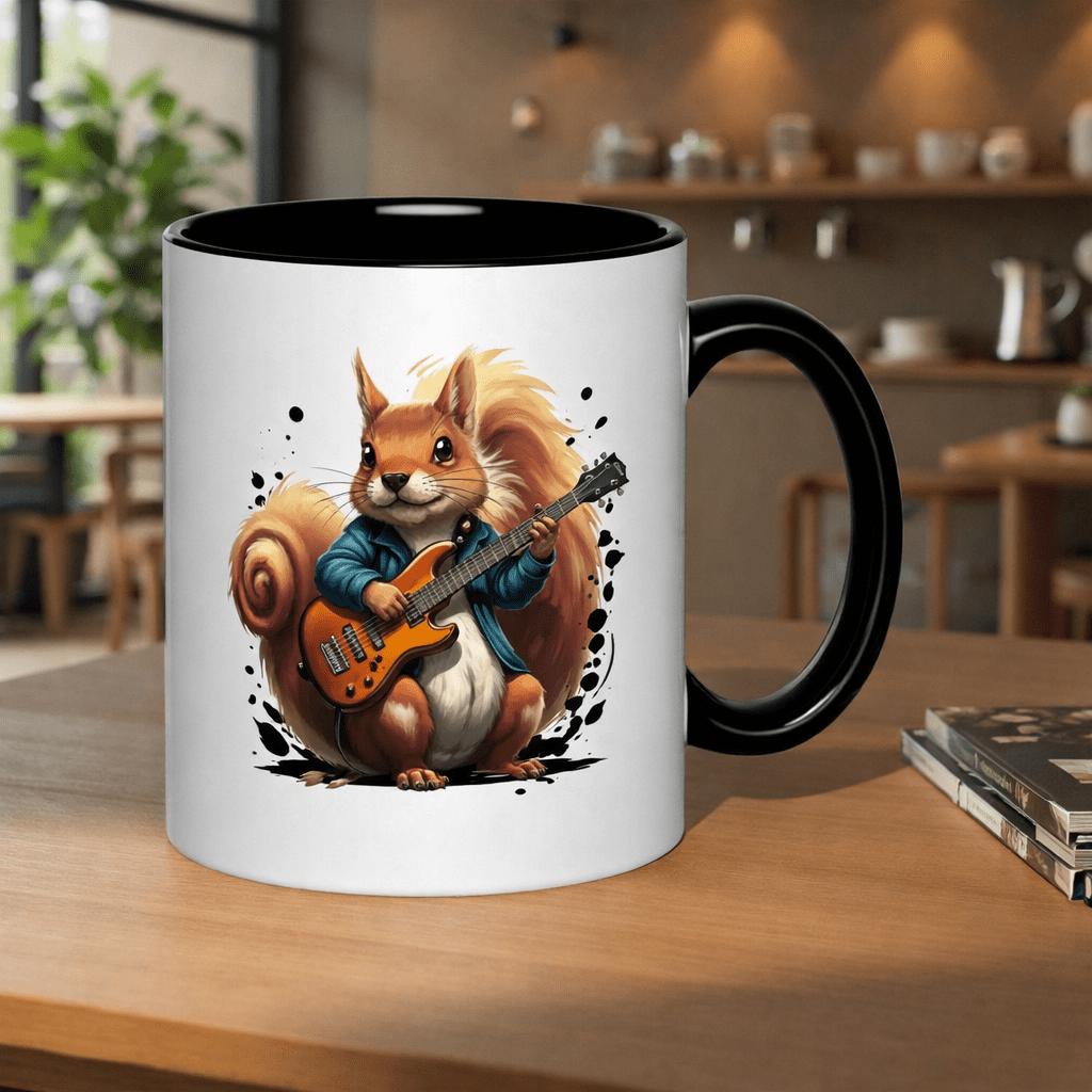 Tailorly Black Accent 11 oz Mug - rockstar squirrel playing guitar with a cool jacket