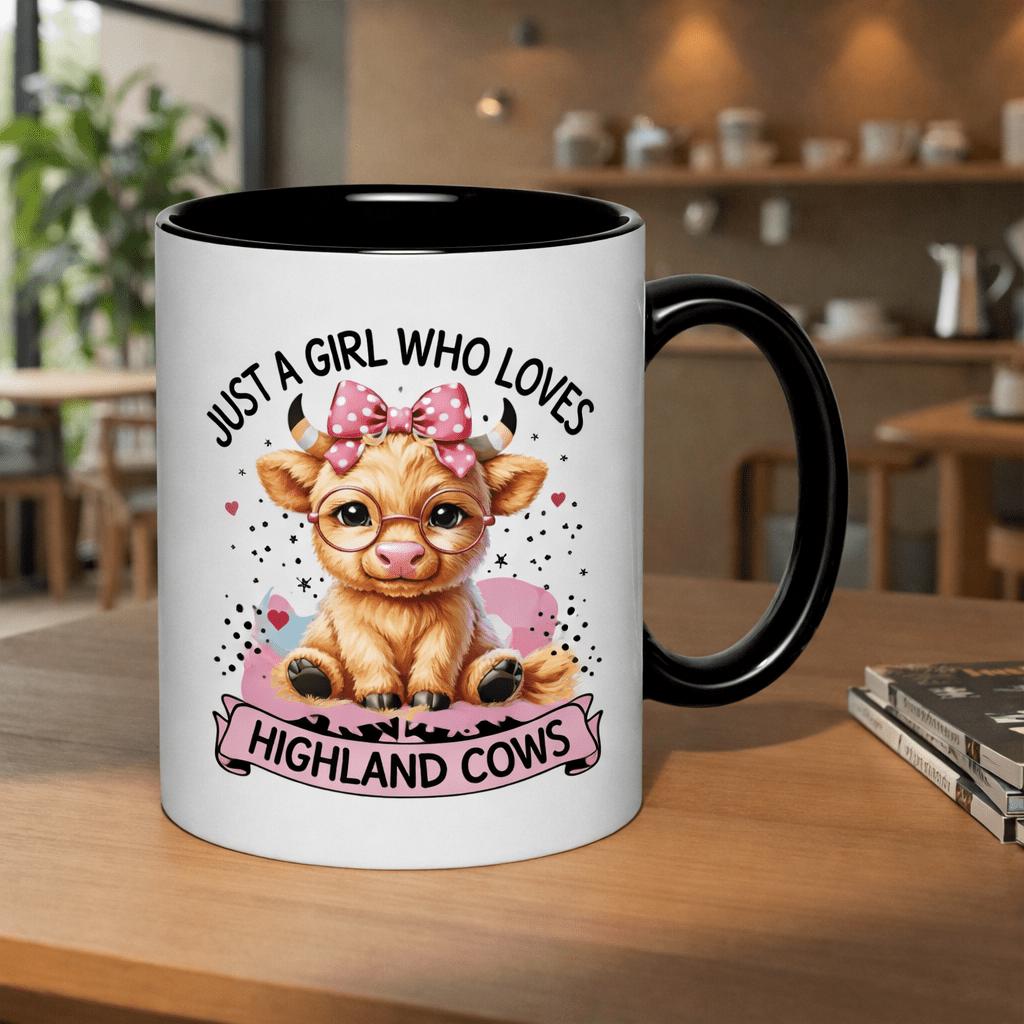 Tailorly Black Accent 11 oz Mug - highland cows illustration