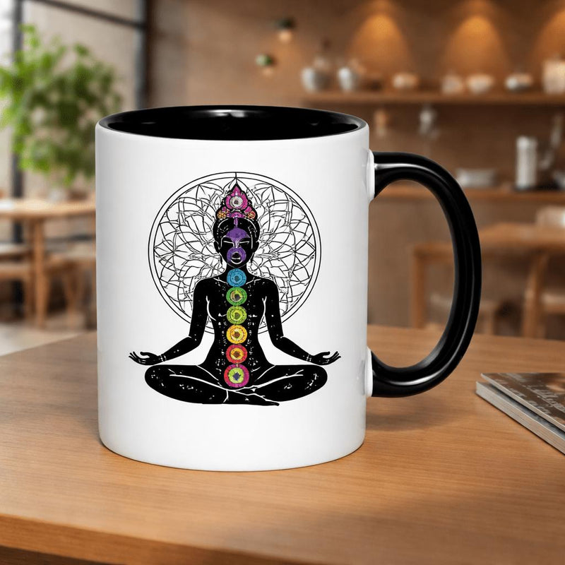 Tailorly Black Accent 11 oz Mug - meditating woman with chakras and mandala symbol