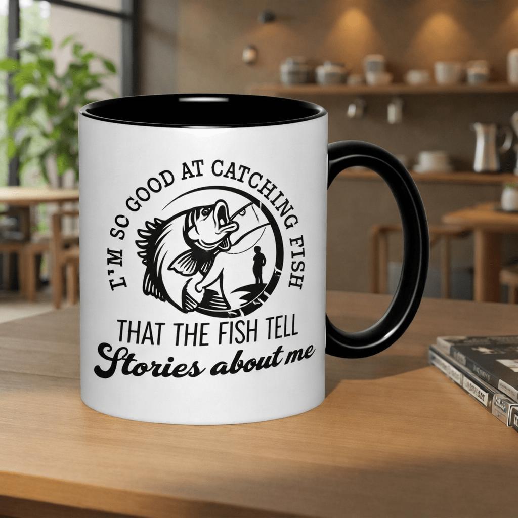 Tailorly Black Accent 11 oz Mug - text: "im at catching fish that the fish stories"