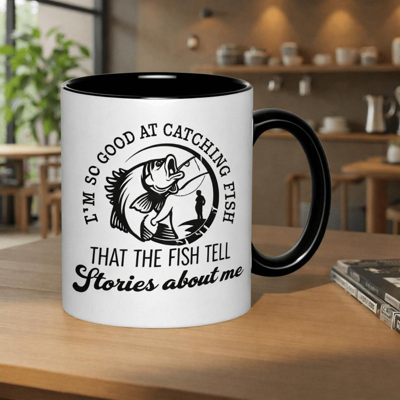 Tailorly Black Accent 11 oz Mug - text: "im at catching fish that the fish stories"
