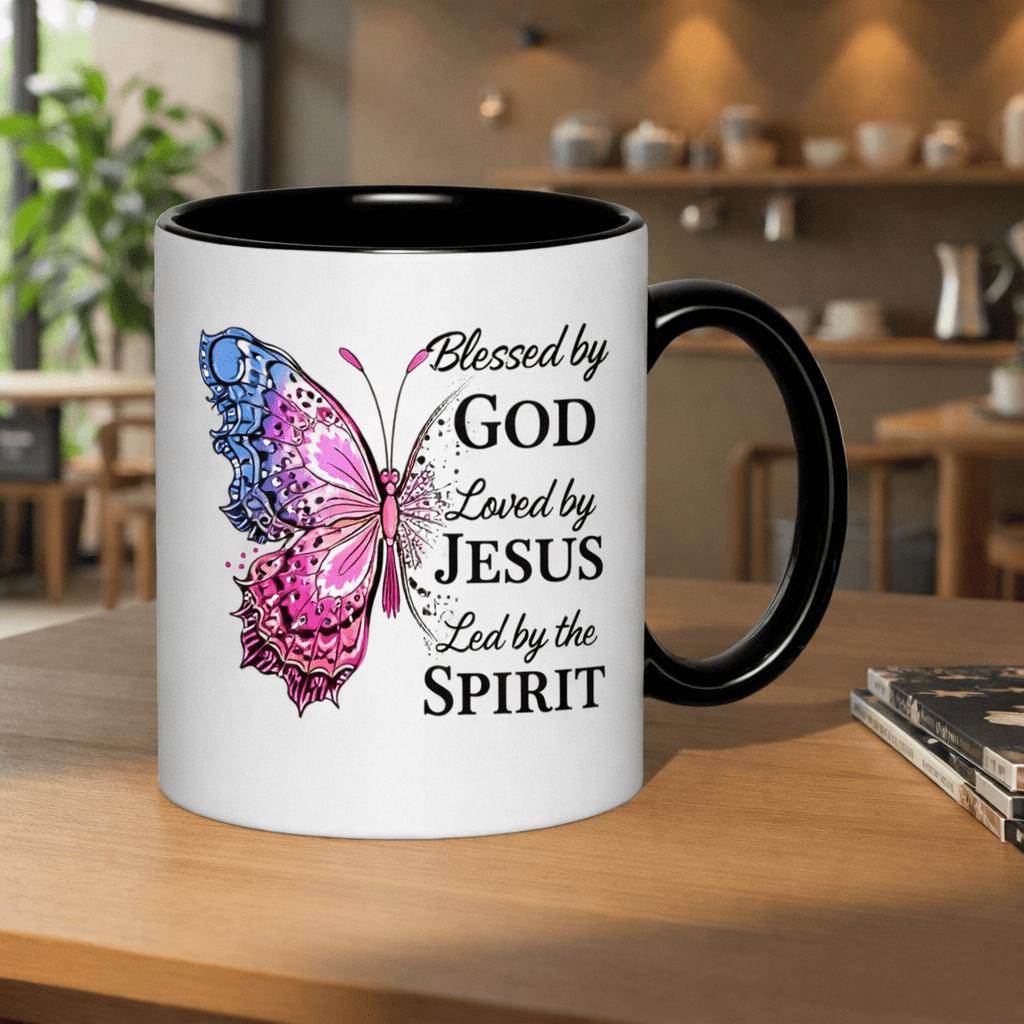Tailorly Black Accent 11 oz Mug - blessed by god by jesus led 11oz printed ceramic mug coffee cups handmade printed coffee cup dishwasher safe