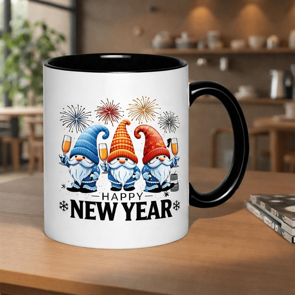 Tailorly Black Accent 11 oz Mug - gnomes celebrating with fireworks