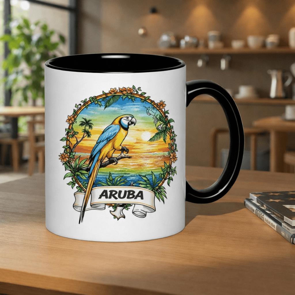 Tailorly Black Accent 11 oz Mug - aruba parrot sunset paradise themed witches