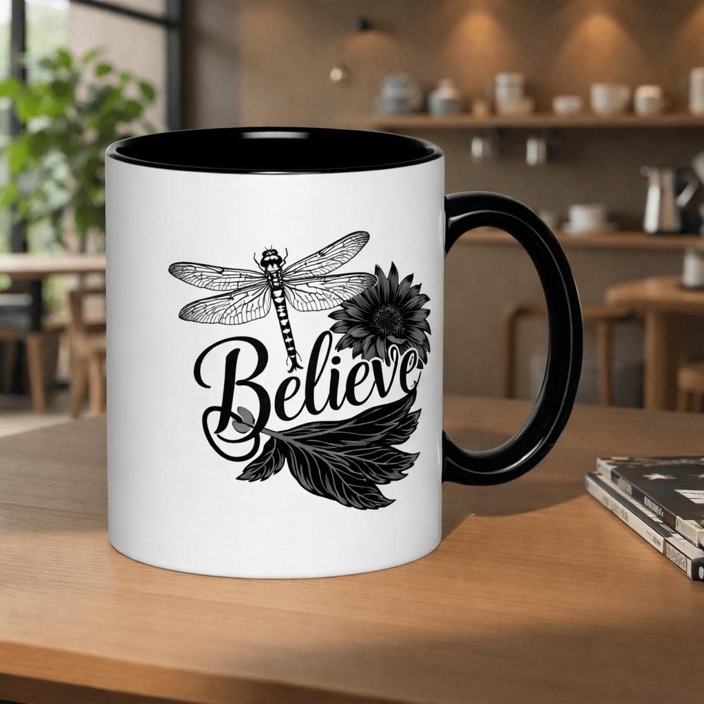 Tailorly Black Accent 11 oz Mug - believe in dragonflies and flowers