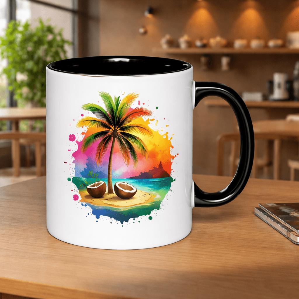 Tailorly Black Accent 11 oz Mug - vibrant paradise with palm tree and sunset
