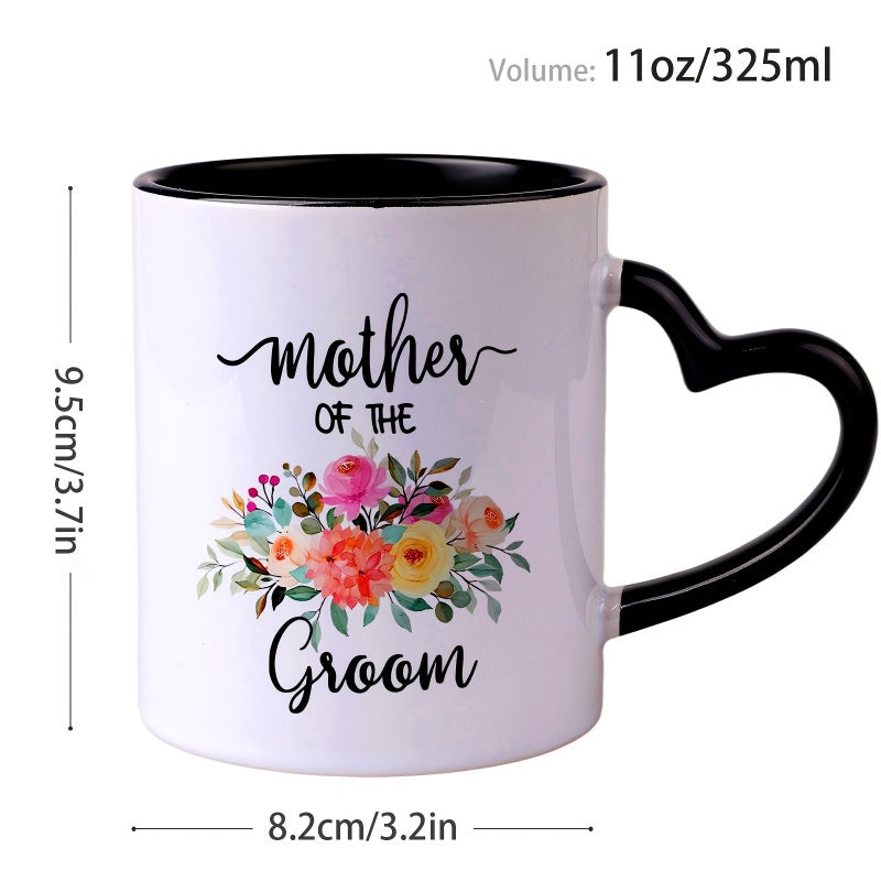 Tailorly Black Accent 11 oz Mug - mother of the groom text heart shaped handle floral patterns