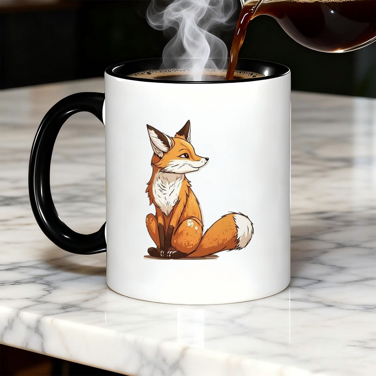 Tailorly Black Accent 11 oz Mug - cartoon fox sitting with mug