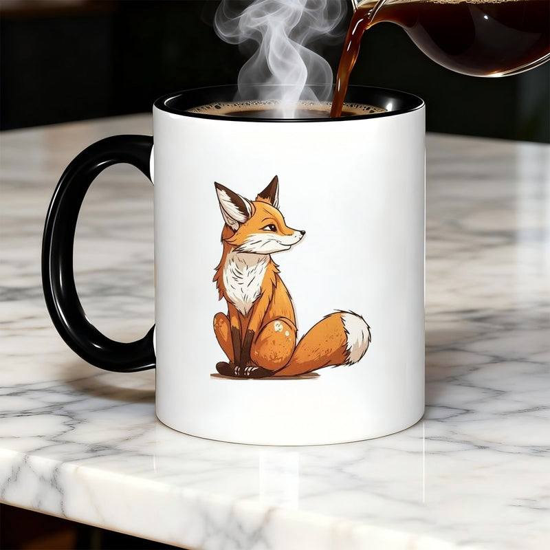 Tailorly Black Accent 11 oz Mug - cartoon fox sitting with mug