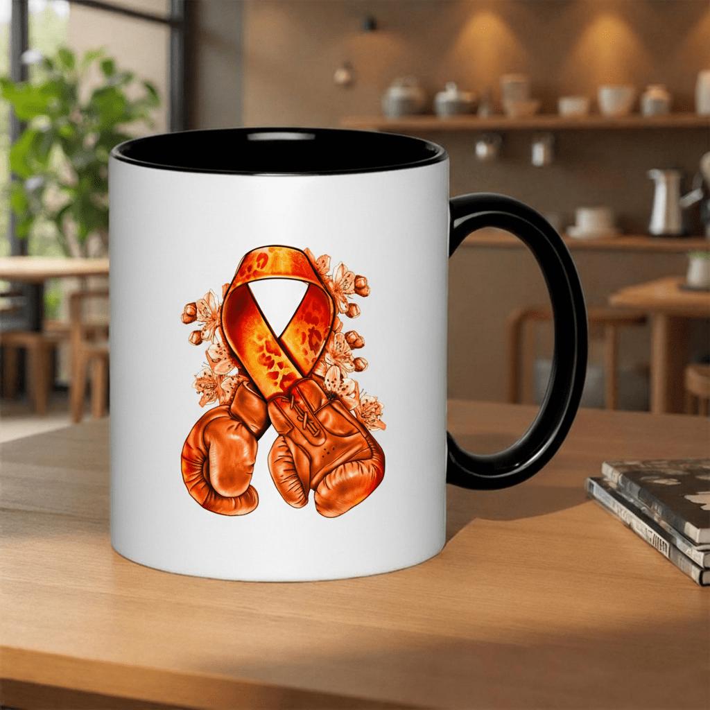 Tailorly Black Accent 11 oz Mug - 11 with boxing gloves and an awareness ribbon