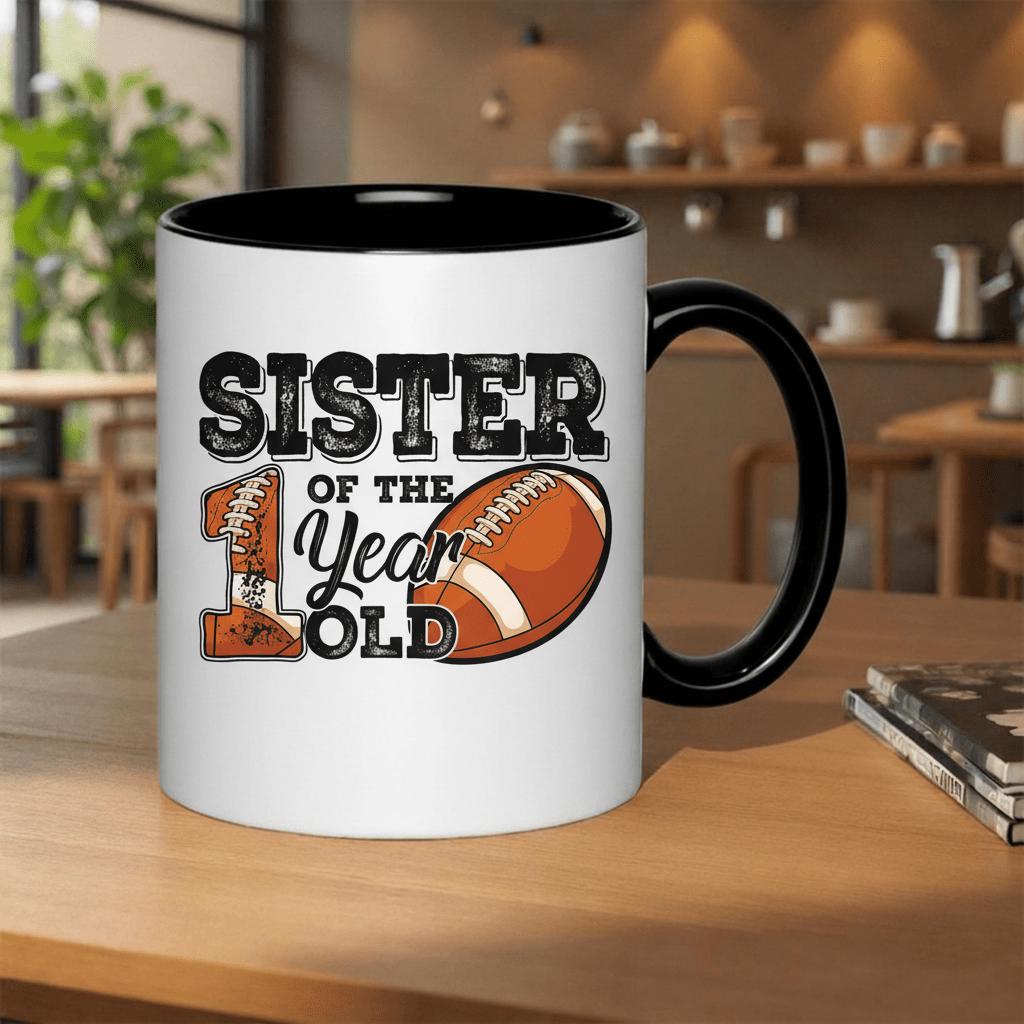 Tailorly Black Accent 11 oz Mug - sister of year old football fan birthday celebration gift text