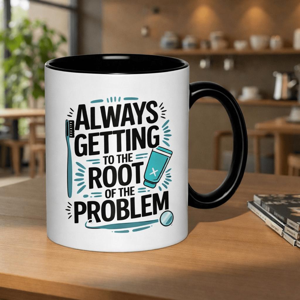 Tailorly Black Accent 11 oz Mug - getting to the root of the problem dental humor text