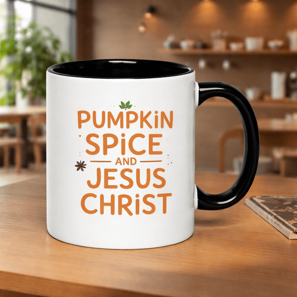Tailorly Black Accent 11 oz Mug - pumpkin spice fall autumn text and autumn leaves