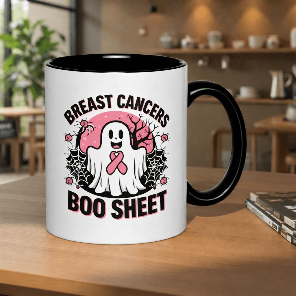 Tailorly Black Accent 11 oz Mug - breast cancer awareness text and Halloween elements