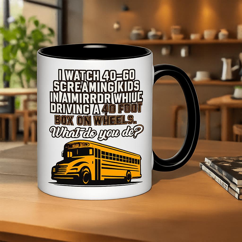Tailorly Black Accent 11 oz Mug - screaming kids in a driving box on wheels