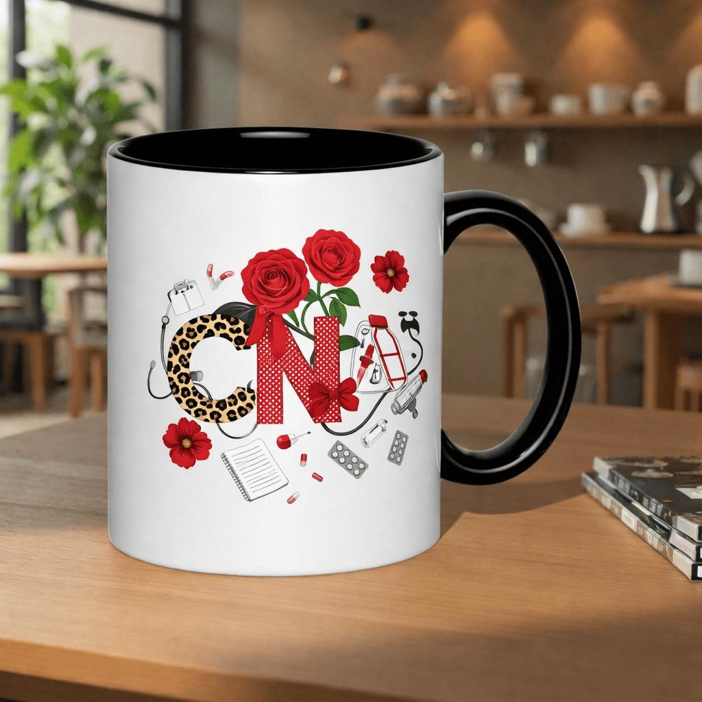 Tailorly Black Accent 11 oz Mug - red roses stethoscope pills symbols