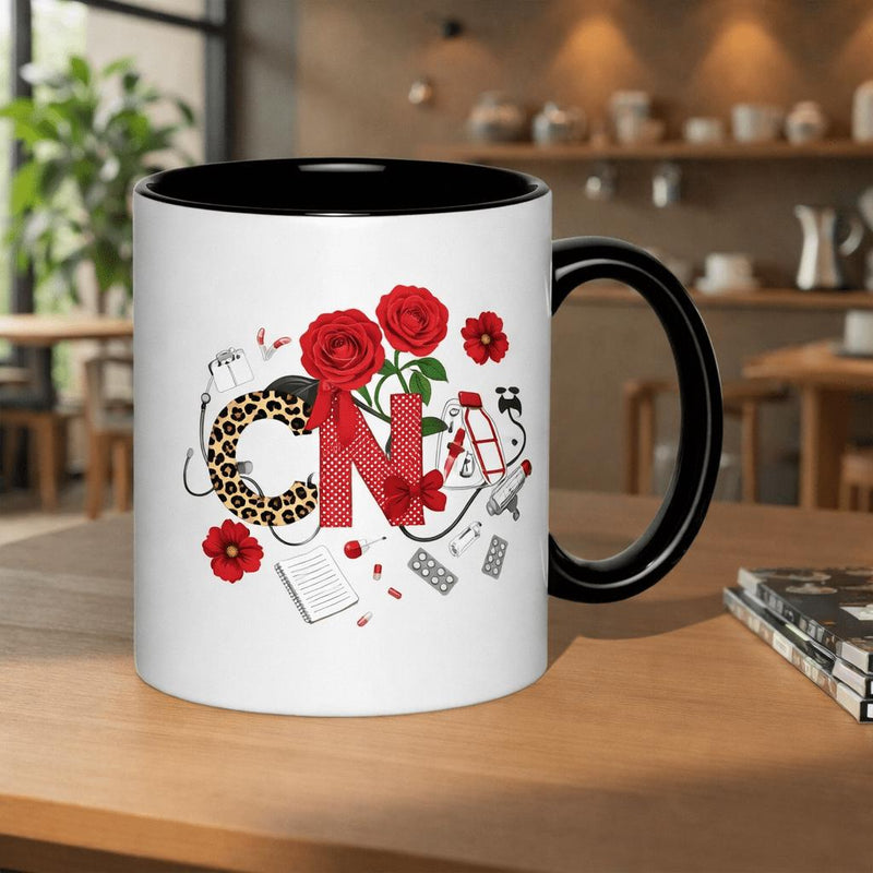 Tailorly Black Accent 11 oz Mug - red roses stethoscope pills symbols