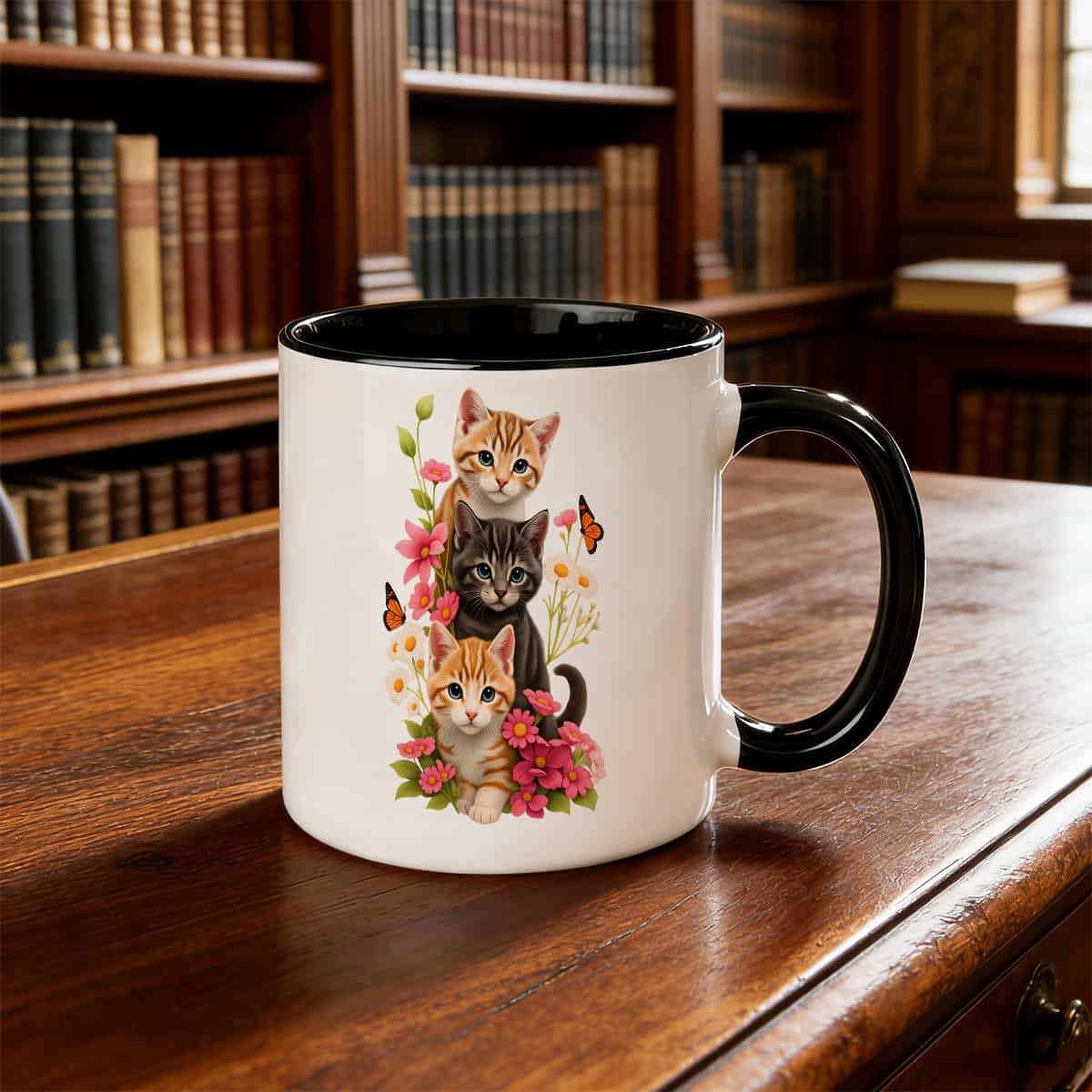 Tailorly Black Accent 11 oz Mug - kitten patterns