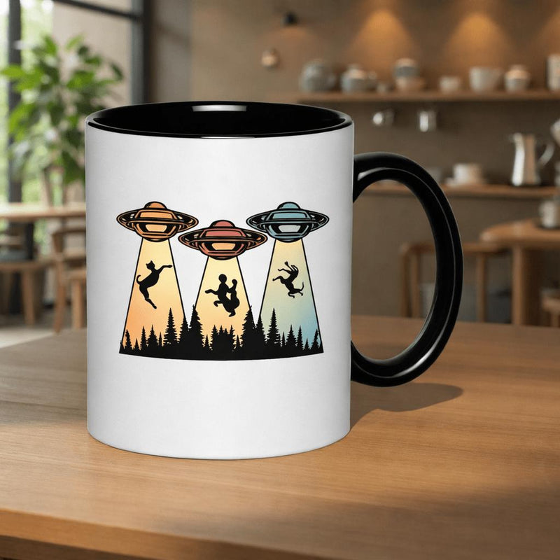 Tailorly Black Accent 11 oz Mug - deer over forest silhouette
