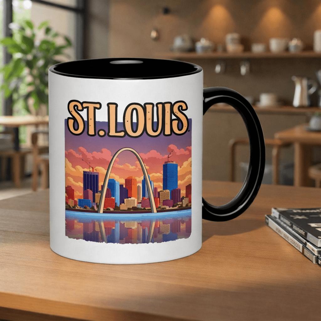 Tailorly Black Accent 11 oz Mug - arch and cityscape sunset reflection