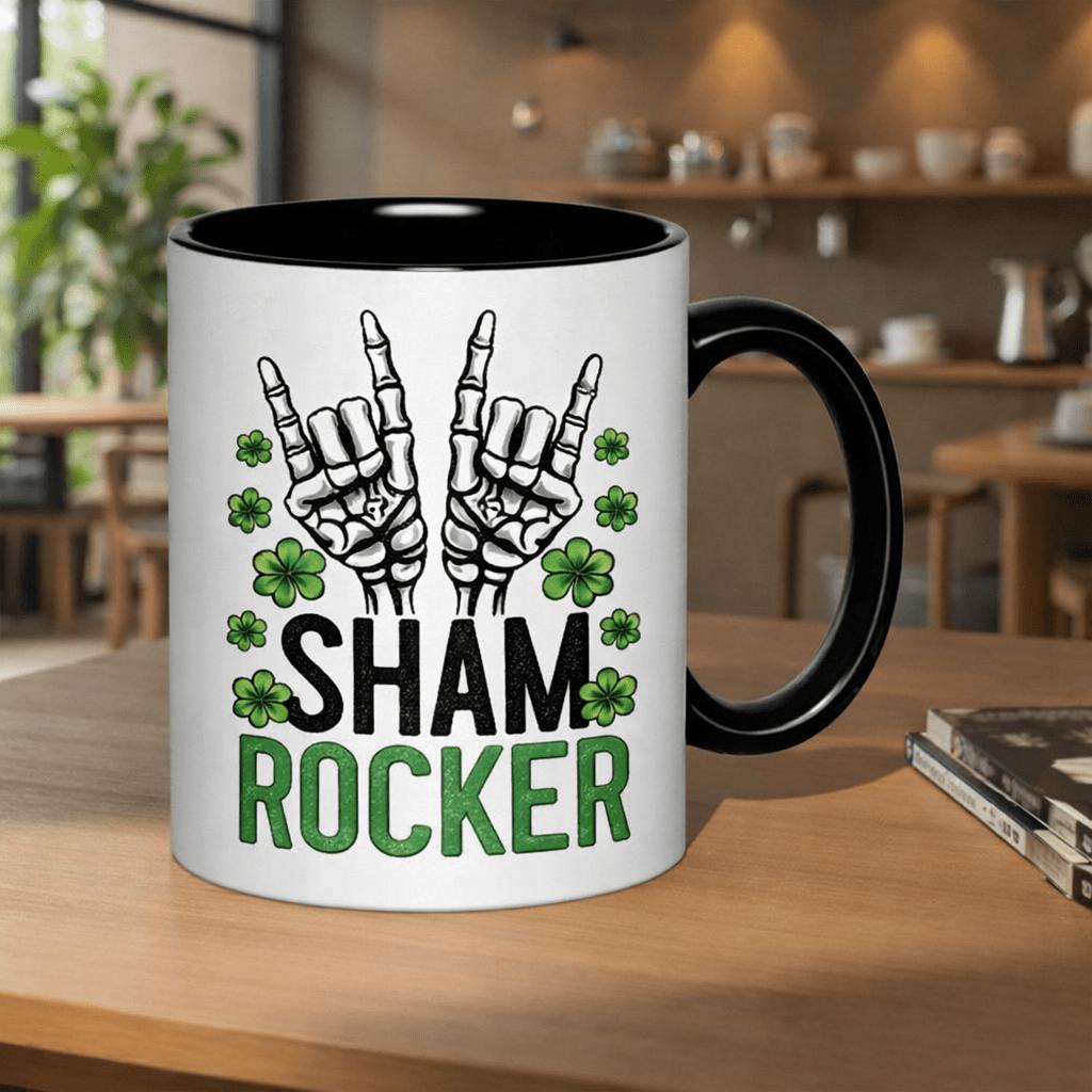 Tailorly Black Accent 11 oz Mug - skeleton hands with shamrock and clover design