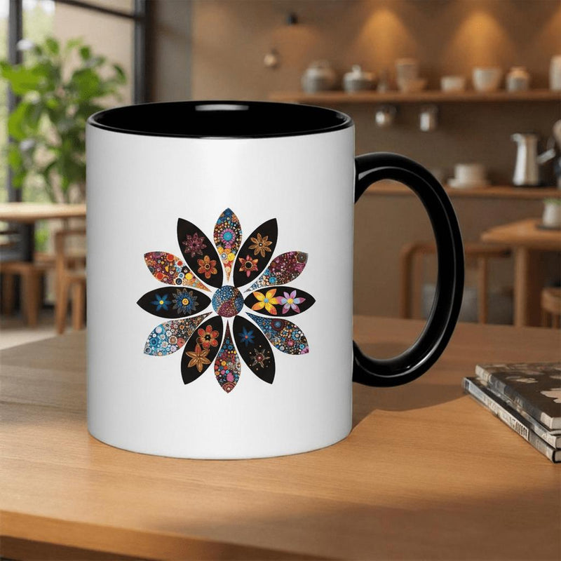 Tailorly Black Accent 11 oz Mug - vibrant mandala with intricate patterns and colors