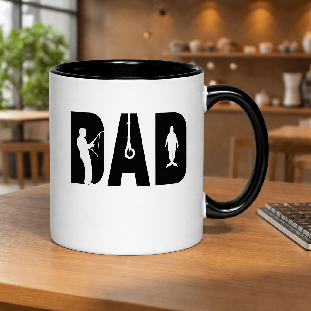 Tailorly Black Accent 11 oz Mug - fishing gymnastics and a mermaid dad text and illustration