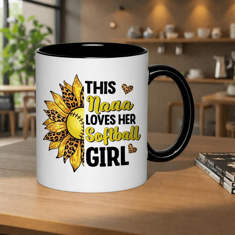 Tailorly Black Accent 11 oz Mug - softball girl sunflower leopard heart